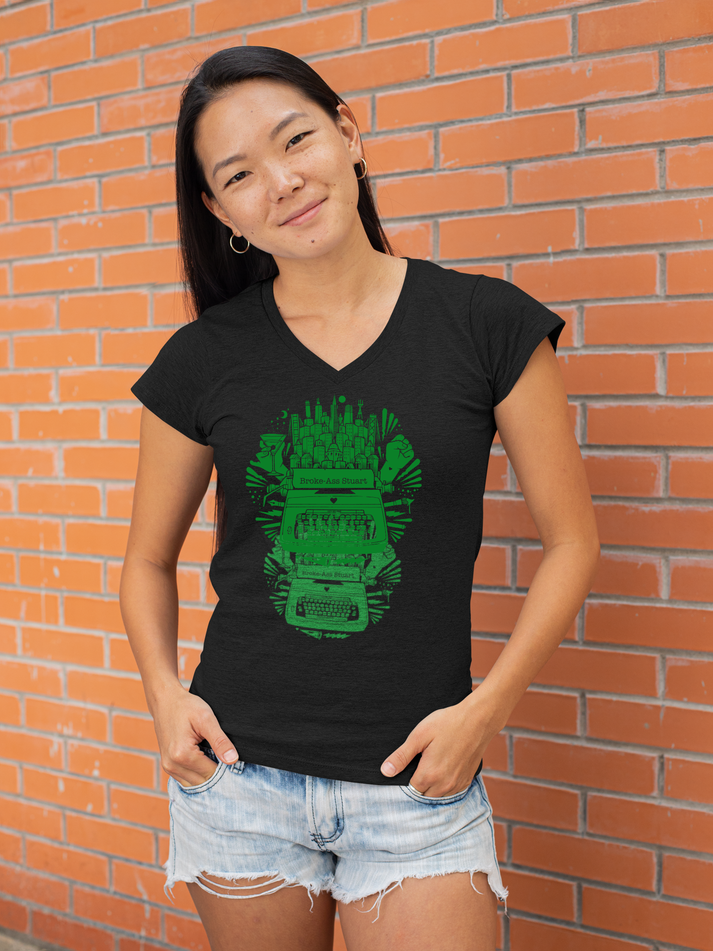 Jeremy Fish "Typewriter Design" Women's Black V-Neck